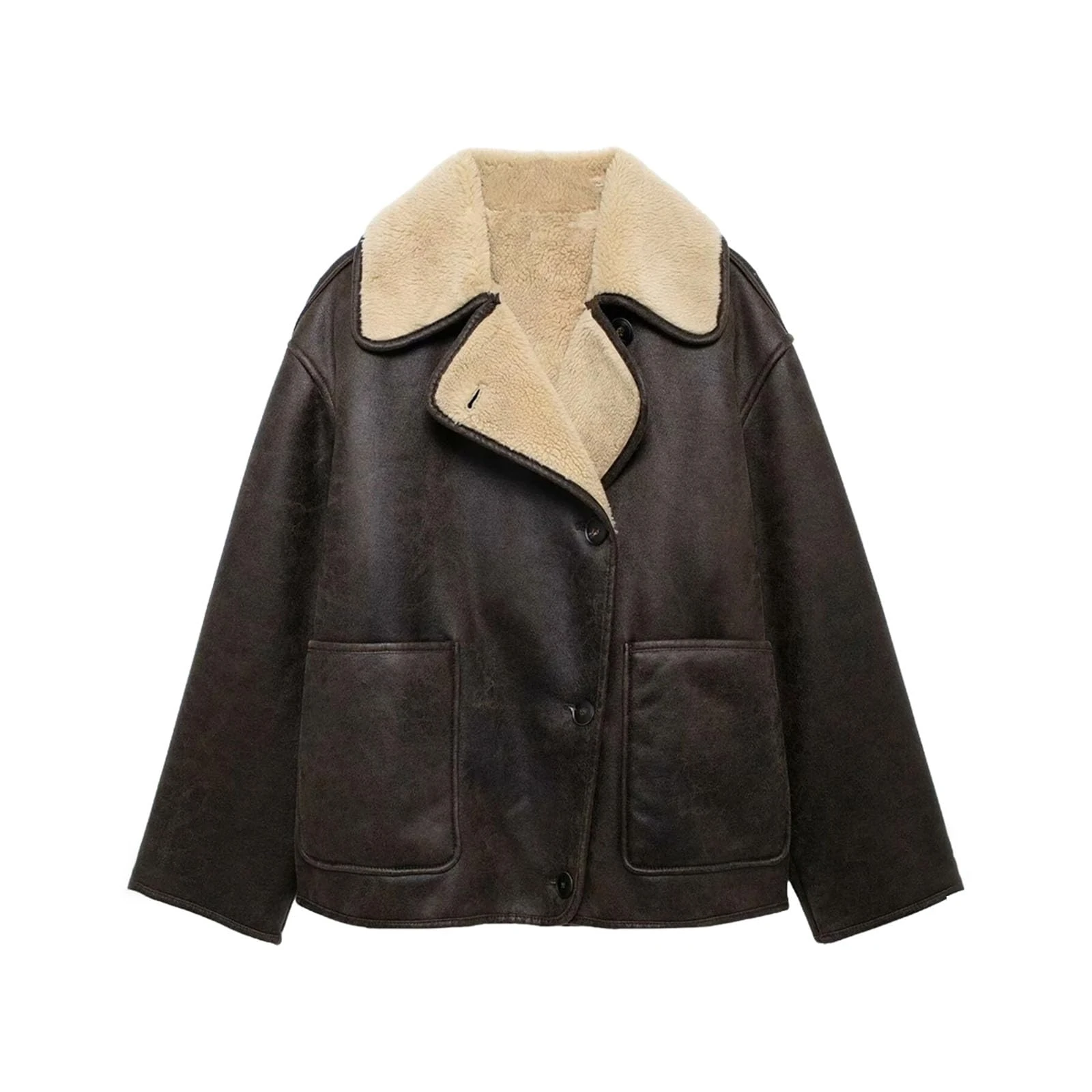 Women's Coat Sherpa Fleece Faux Shearling Oversized Trendy Jackets Warm Outerwear, Brown, XS