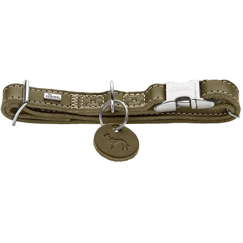 HUNTER Aalborg Aluminium Strong Dog Collar, Colour: Olive, Soft Leather, Aluminium Click Closure, Infinitely Adjustable, Robust, Elegant and Timeless, Made in Germany, Size: L