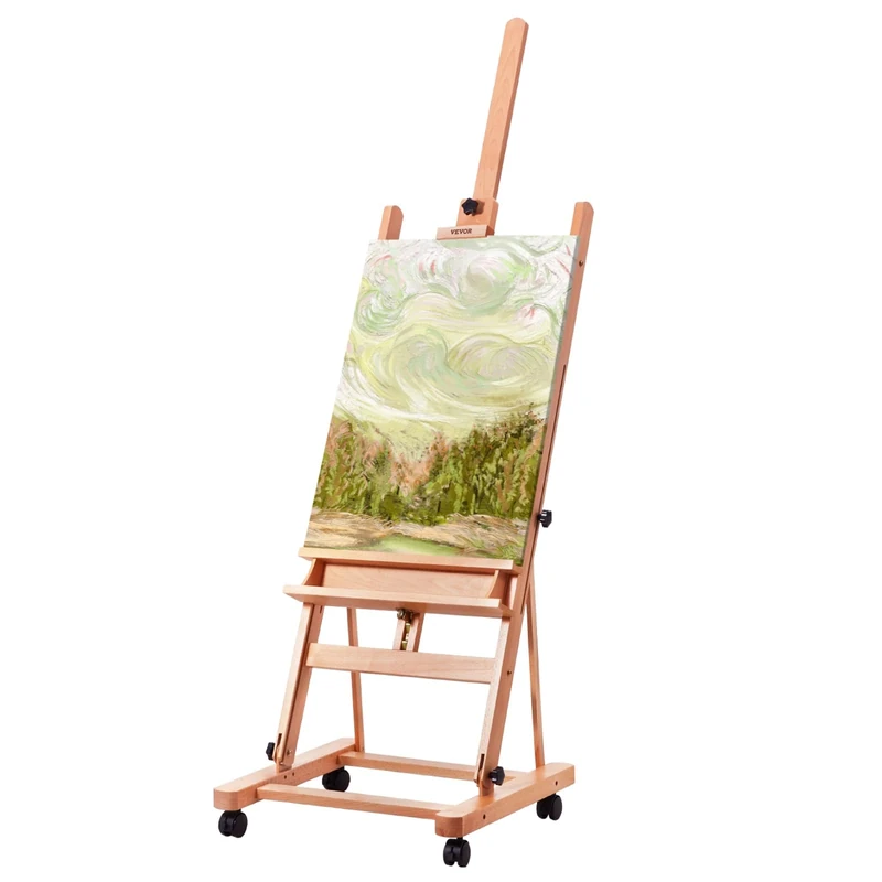 VEVOR Studio H-Frame Easel, Holds Canvas Art up to 48", Beechwood Artists Easel for Painting with Wheels and Large Storage Tray, 33 lbs Load Capacity Studio Easel, Adjustable Art Painting Easel