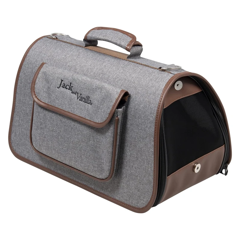 JACK AND VANILLA, Stylish Carrier for Animals, Grey and Brown, Made of Durable Materials, Safe and Comfortable, Dimensions 43 x 25 x 25 cm, for All Breeds, Bizou Model