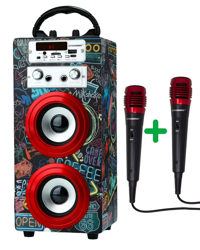 DYNASONIC Karaoke Machine with 2 Microphones, Portable Bluetooth Speaker with Lights, USB and SD Reader, Gift for Children Ages 5-13 (025-21)