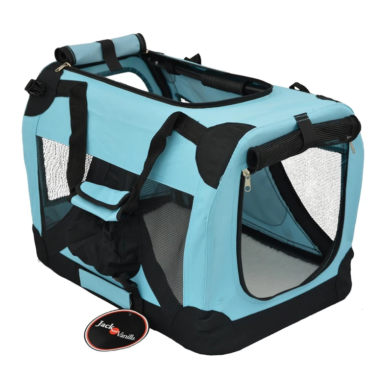 JACK AND VANILLA, Foldable Kennel, Durable Materials, Ideal Size 49 x 34 x 34 cm, Easy to Clean, Attractive Turquoise Colour, Perfect for Travel and Outings, Travel Model
