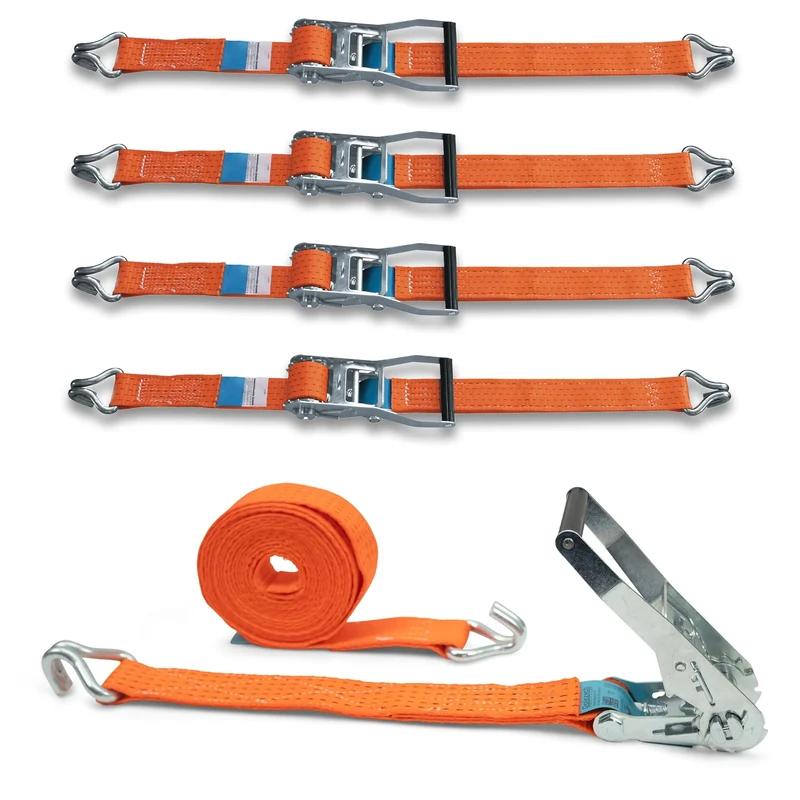 DoZurr 5000 Tie Down Straps with Sturdy Ratchet and Profile Hook, Load Capacity up to 2500 kg, 50 mm Wide x 6 m Long, Orange, for Trucks and Large Trailers Set of 4