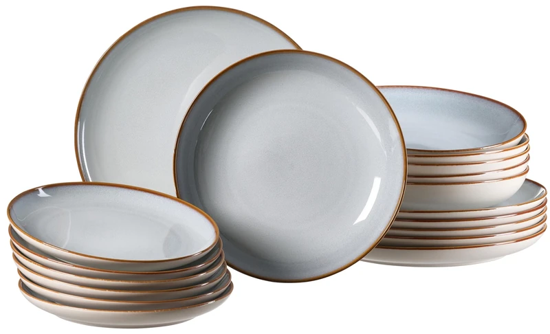 Ritzenhoff & Breker Portofino 18-Piece Dinner Service with Colour Gradients, 6 x Dinner/Soup and Dessert Plates, Scandinavian Design with Reactive Glaze, Stoneware, Blue Grey