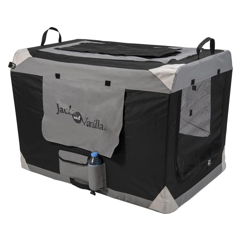 JACK AND VANILLA, Spacious Foldable Pet Kennel, Durable Design and Easy Transport, Optimal Ventilation, Quick Installation, Size XXL 102 x 69 x 69 cm, Grey, Travel Model