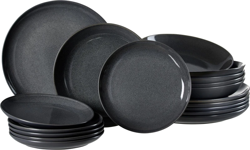 Ritzenhoff & Breker Toledo 18-Piece Dinner Service Set with Colour Gradients, 6 x Dinner/Soup and Dessert Plates, Scandinavian Design with Reactive Glaze, Stoneware, Dark Grey