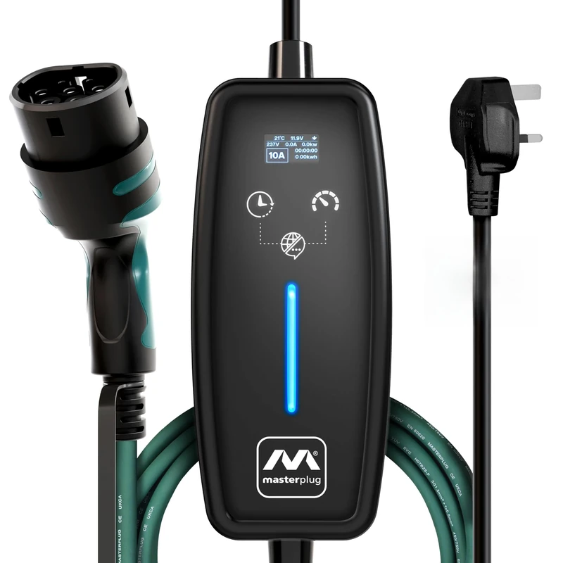 Masterplug EV Charging Cable for Electric and Hybrid Vehicles, 10 Metres, Mode 2, Delay Charging Function, 3 Pin UK Plug to Type 2 Car Charger, Language Options, 2.4kW, EVCM221010-MP2