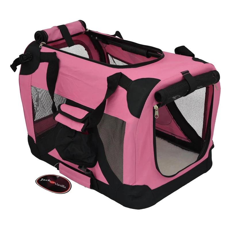 JACK AND VANILLA, Foldable Kennel for Pets, Lightweight and Durable, Ideal for Travel, Optimal Ventilation, Elegant Design, Size 49 x 34 x 34 cm, Pink, Travel Model