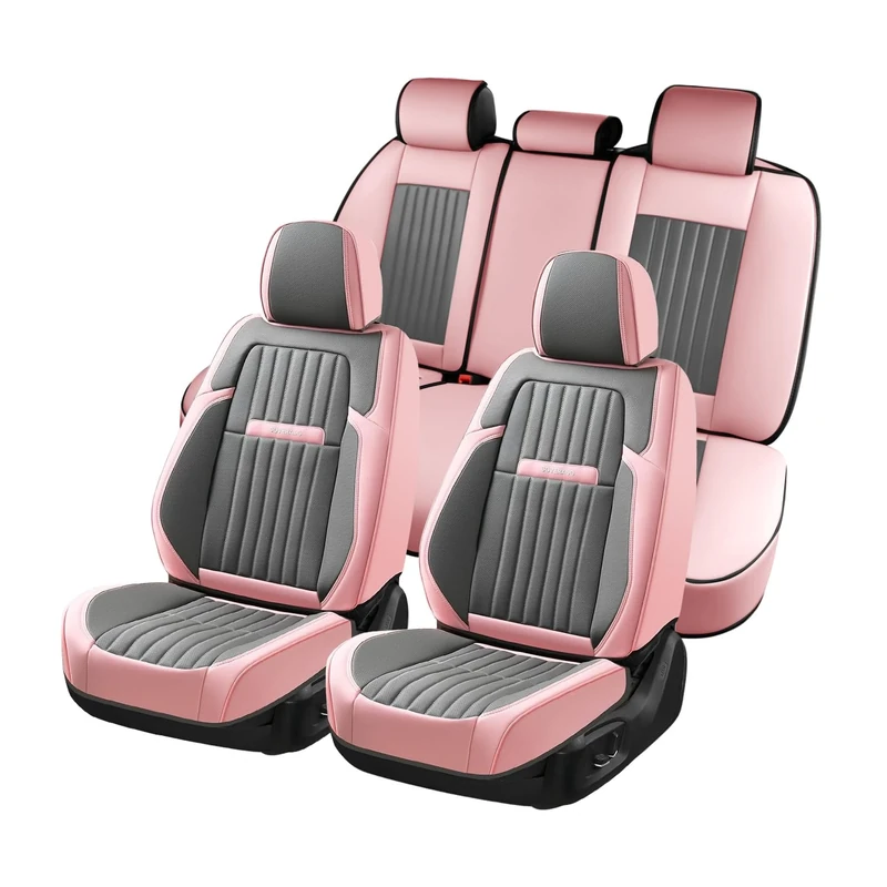 Coverado Car Seat Covers Full Set, Car Seat Protector Car Seat Cushion, Nappa Leather Seat Covers for Cars, Front and Back Seat Protectors Cushions Universal Fit for Most Cars Vehicles(Pink&Grey)