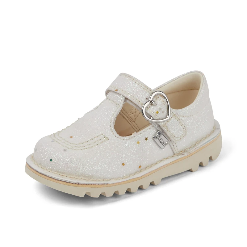 Kickers Unisex Kids Kick T Bar Glitter Textile Shoes, White, 8 UK Child - Image 1