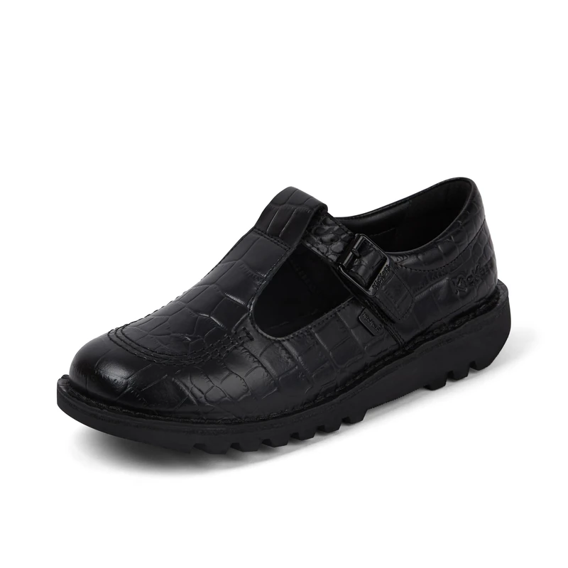 Kickers Women's Kick T Bar Croc Leather Shoes - Black 6.5 UK