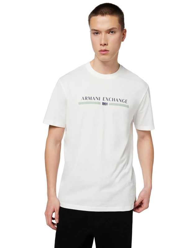 Armani Exchange Men's Short-Sleeved Lettering Logo On Front T-Shirt, Off White, L