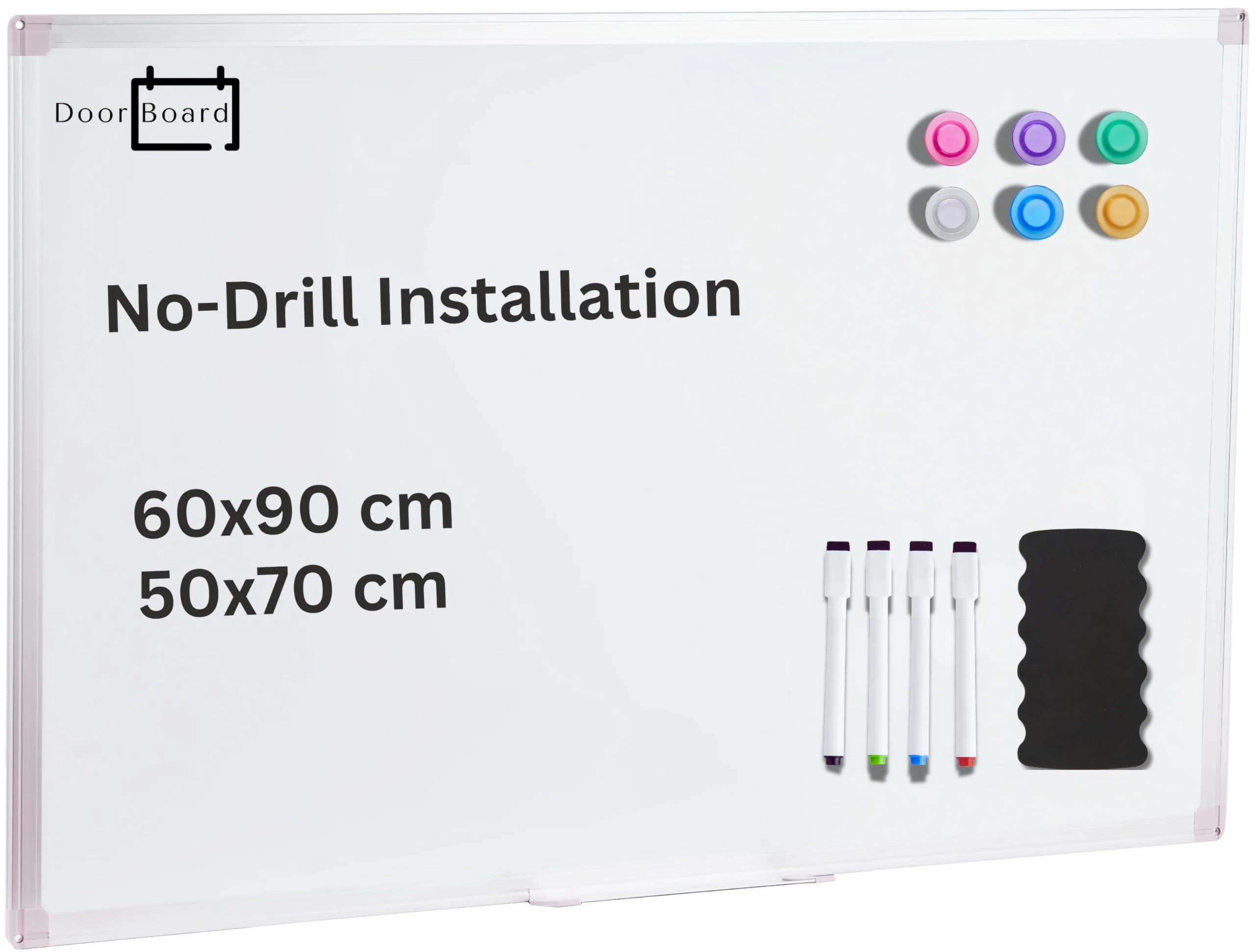 DoorBoard No-Drill Magnetic Whiteboard for Over-Door and Wall-Mount, 50X70 CM Portable White Board with Aluminium Frame | Includes Marker Pens, Magnets and Eraser