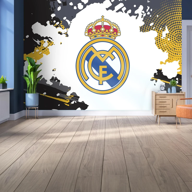 Licensed Decor Real Madrid Vinyl Wall Mural - Large (220cm (h) x 170cm (w) - Full Crest on Colour Splash Black and Grey & Yellow