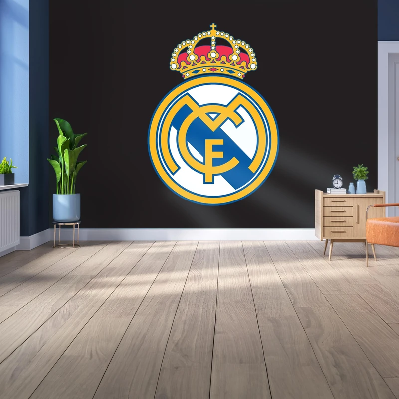 Licensed Decor Real Madrid Vinyl Wall Mural - Medium (185cm (h) x 100cm (w) - Full Colour Crest on Brand Black