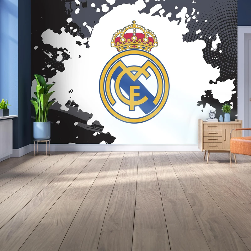Licensed Decor Real Madrid Vinyl Wall Mural - Large (220cm (h) x 170cm (w) - Full Crest on Colour Splash Black and Grey