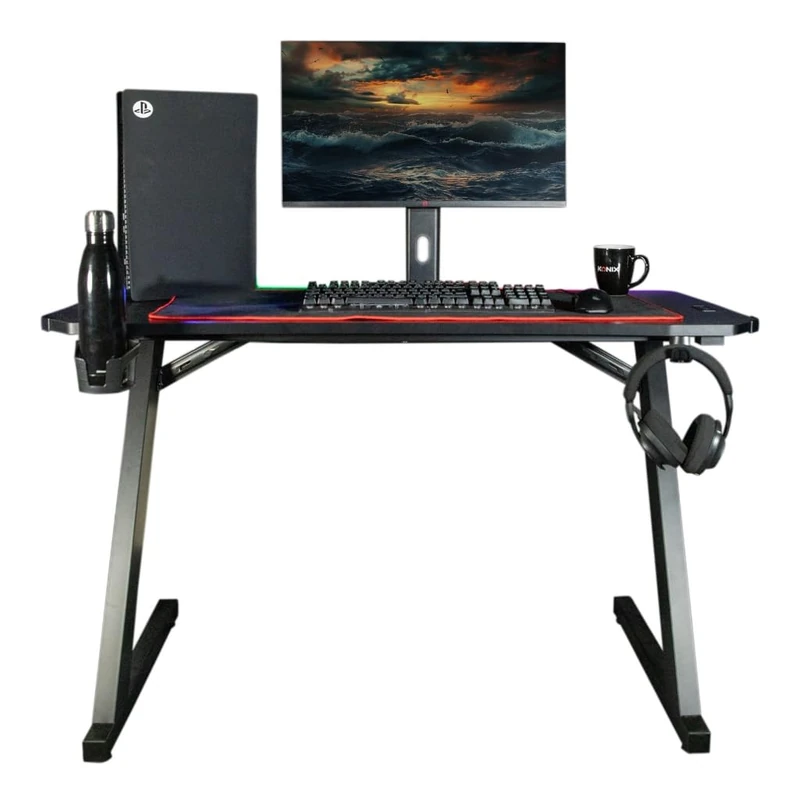 Konix Spectra Gaming Desk 120 x 60 x 75 cm in Y-Shape - 30 LED Modes - Metal Frame - Cup Holder - Headphone Holder - Black
