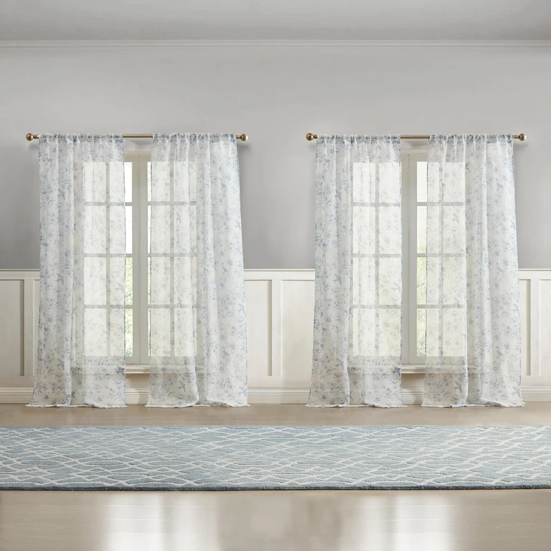 Laura Ashley Barnette Window Curtains with Rod Pocket, 96-inch Length, 4 Panels Set, Semi-Sheer Light Filtering, Blue - Image 1