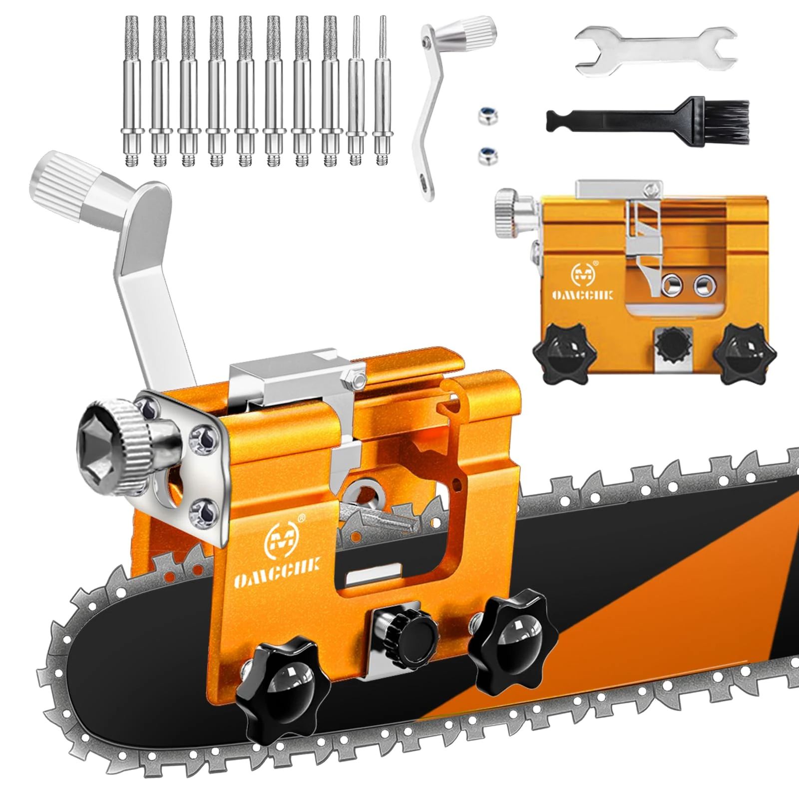 OMCCHK Chainsaw Sharpener Kit, Portable Universal Chain Saw Sharpener Tool with 10PCS Burr & Cleaning Brush, Manual Hand Crank Chainsaw Blade Sharpening
