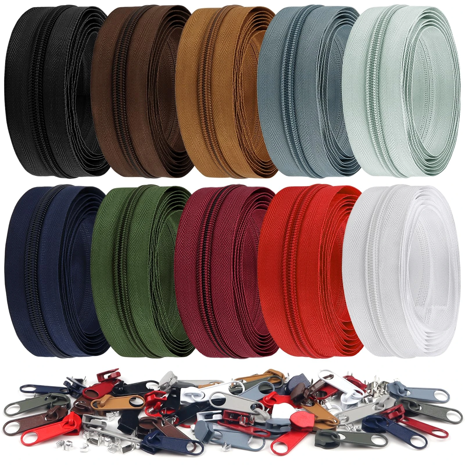 DOITEM 22 Yards/ 20 m 10 Pieces Assorted Colors #5 Nylon Coil Zippers, Sewing Zippers Endless Zips with 40 Pieces Zipper Sliders Zip Heads for DIY Sewing Tailor Craft Supplies