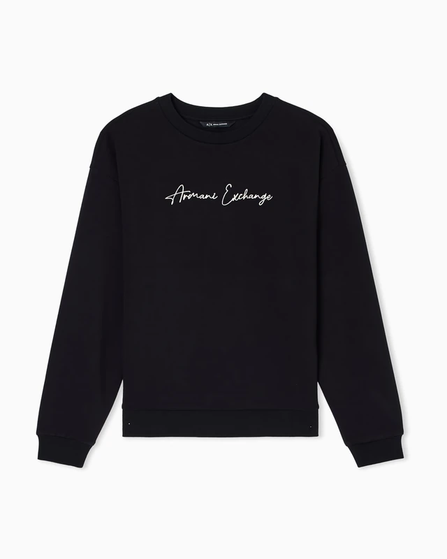 Armani Exchange Women's Essential, Cuffed Sleeve Signed Logo, Sweatshirt, Black, XL, Black/Gold, XL