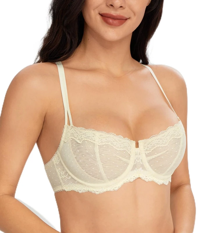 Lemorosy Women's Balconette Push Up Bra Unlined Non-Padded Half Cup Lace Sheer Underwire(Beige 32A)