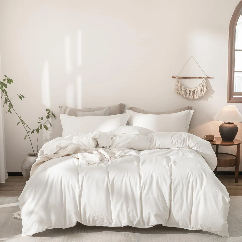 Warm Moment Linen Feel Duvet Cover Oversized King Size 120inch x 98inch,100% Washed Cotton Duvet Cover with Zipper Closure and 2 Pillowcases, Color of Off White