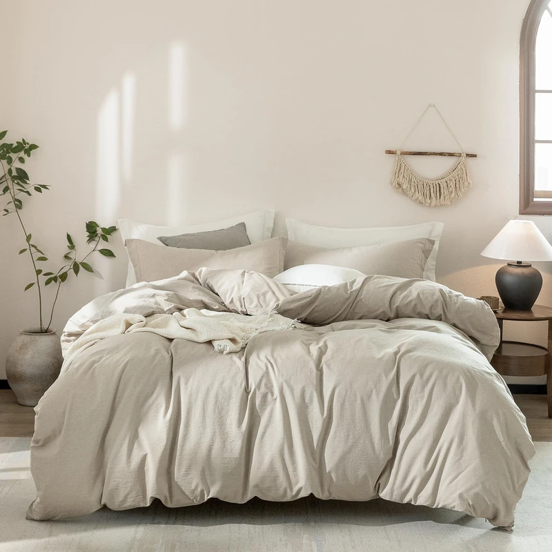 Warm Moment Linen Grey Duvet Cover Full Size 90inch x 80inch,100% Washed Cotton Duvet Cover with Zipper Closure and 2 Pillowcases, Color of New Nature Linen
