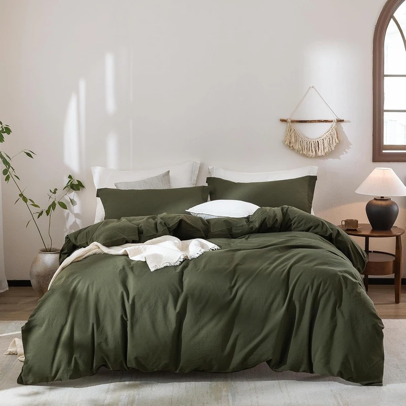 Warm Moment Linen Feel Duvet Cover Super King Size 108inch x 98inch,100% Washed Cotton Duvet Cover with Zipper Closure and 2 Pillowcases, Color of Olive Green