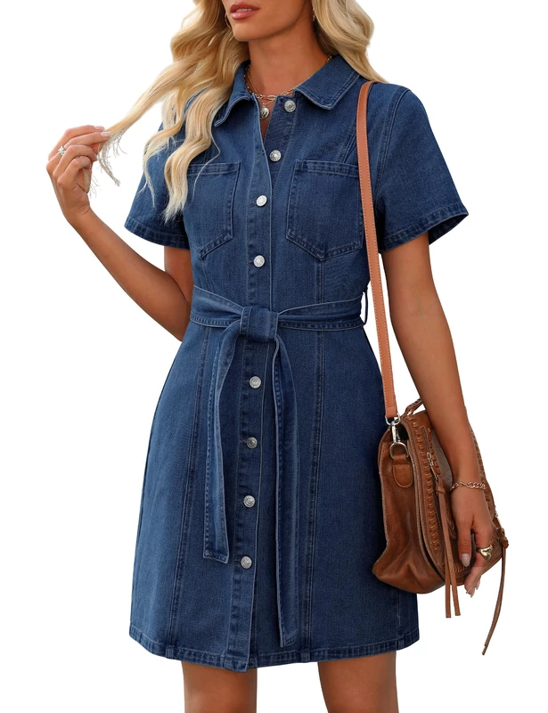 Nitzana Women's Denim Dress Summer Short Sleeve Jean Dress Button Down Denim Shirt Dresses with Pocket 2025 Outfits, Dark Blue, L - Image 1