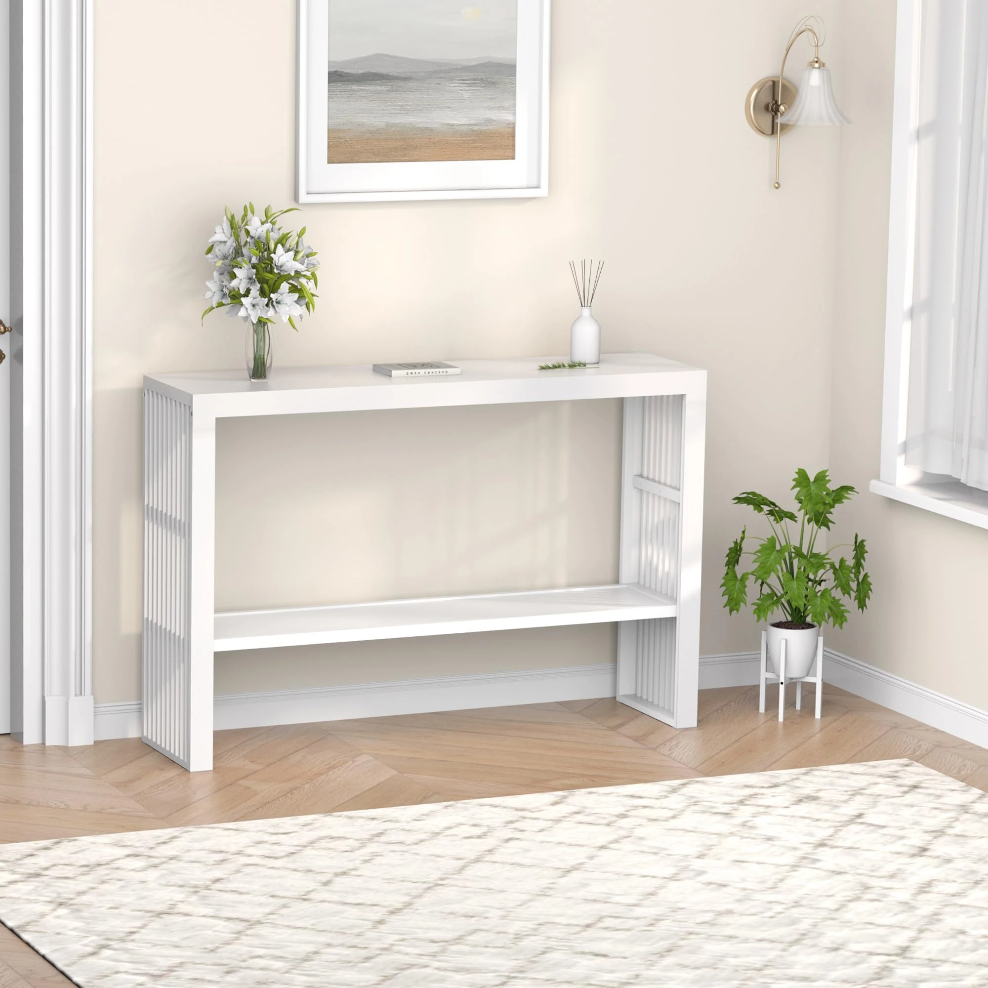 Bamboo Entryway Table 47.2" Console Table, 2-Tier Farmhouse Narrow Sofa Table with Grille-Inspired Sides Easy Assembly for Entrance, Hallway, Living Room, Bedroom, Foyer(White)