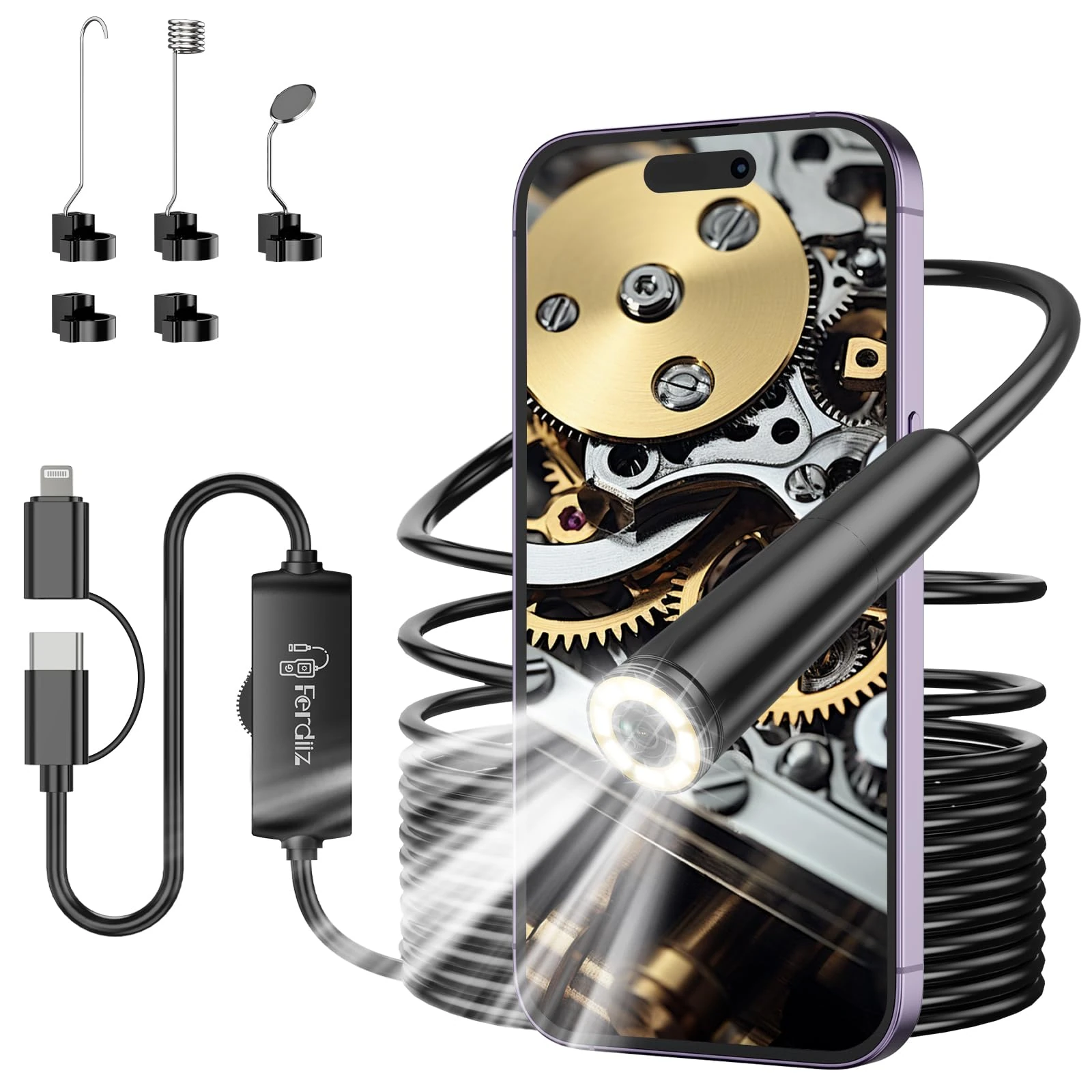 Endoscope Inspection Camera, Ferdiiz 1920P HD Borescope Camera, 16.4ft Semi-Rigid Snake Endoscope with 8 Adjustable LED Lights, IP67 Waterproof Drain Pipe Borescope Gadgets Tool for iOS9+ Android 6+