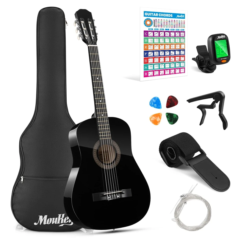 Moukey 38" Acoustic Guitar for Beginners Kids Youth Adult Dreadnought Guitarra Acustica Kit with Chord Poster, Gig Bag, Tuner, Picks, Nylon Strings, Capo, Strap - Black