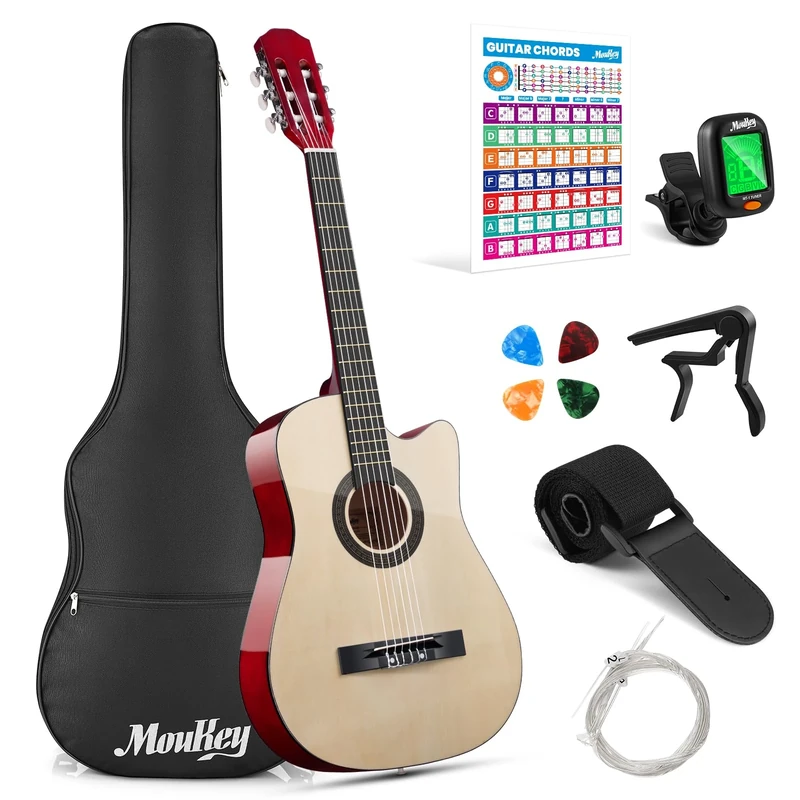 Moukey 38" Acoustic Guitar for Beginners Kids Youth Adult Cutaway Guitarra Acustica Kit with Chord Poster, Gig Bag, Tuner, Picks, Nylon Strings, Capo, Strap - Natural