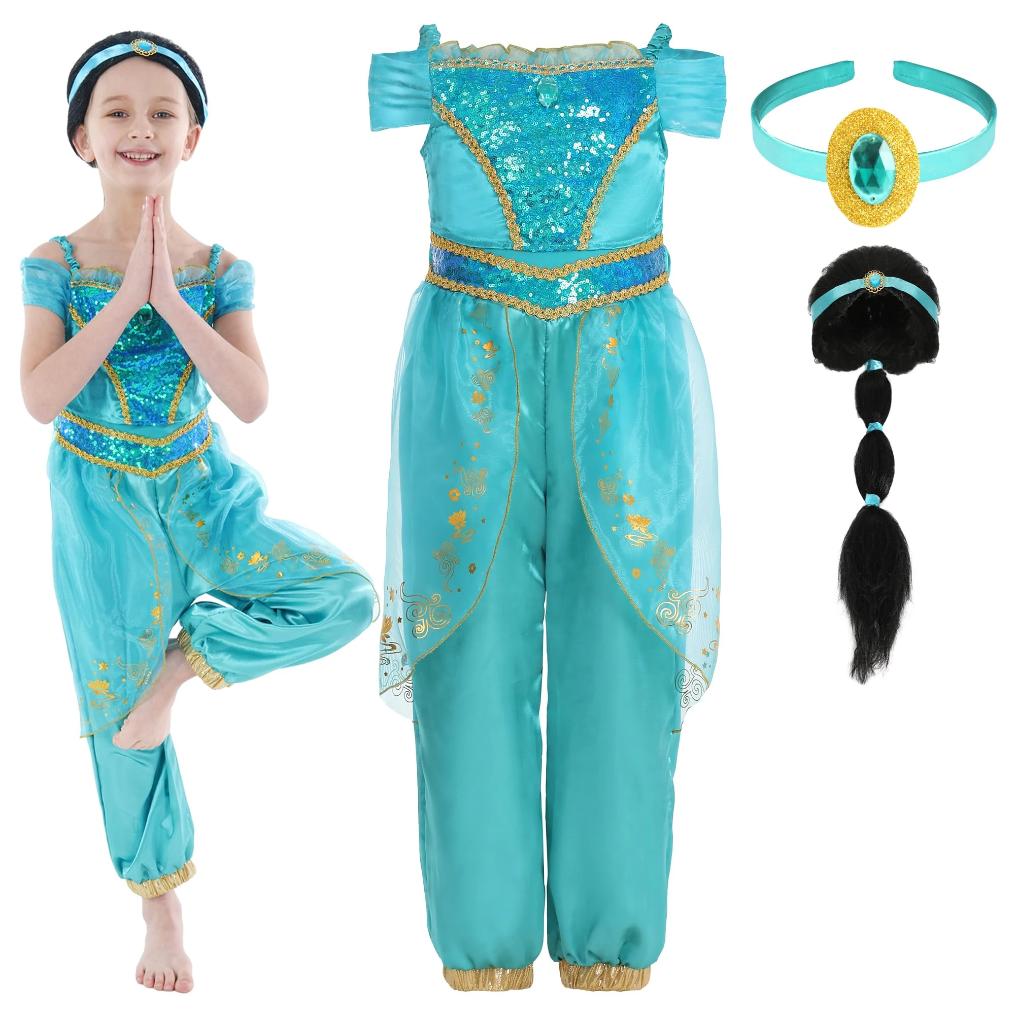 Jasmine Princess Costume for Girls, Jasmine Costume Kids with Wig, Princess Jasmine Dress Up for Birthday Party 5-6 Years