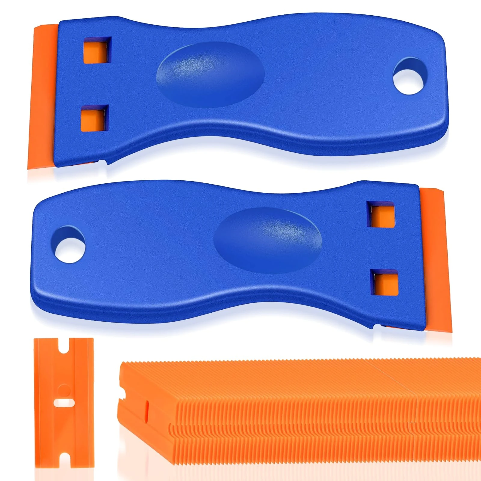 2Pcs Plastic Scraper with 100 Plastic Blades, Plastic Scraper Non-Scratch Scraper Tool Kit, Sticky Remover for Removing Lable, Glue, Decal in The Glass, Window, Floor, Car
