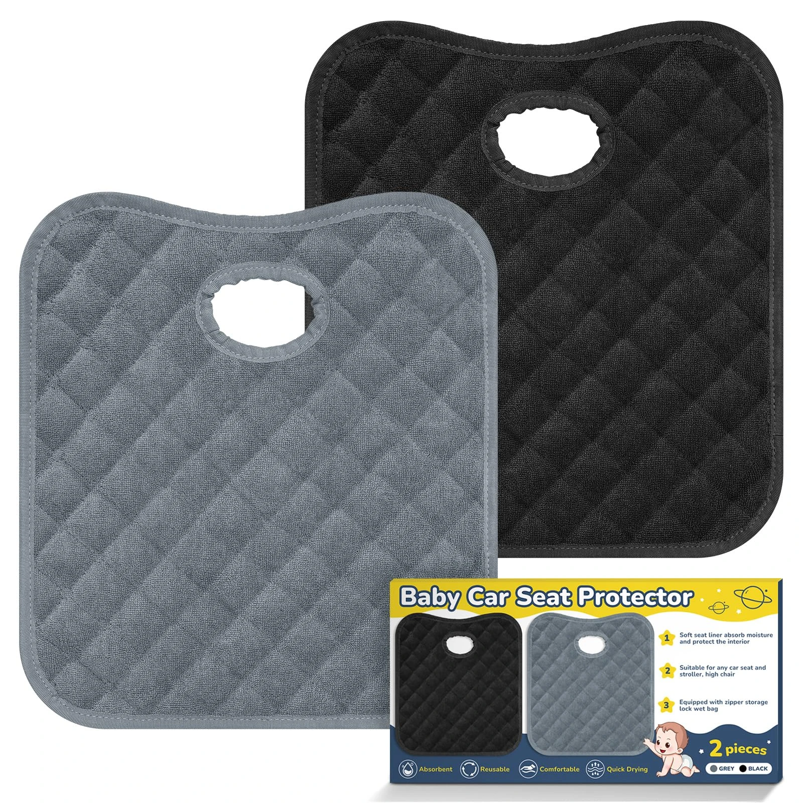 2PCS Waterproof Baby Car Seat Protectors, Car Seat Protector Potty Training Liner for Toddler Baby Kids (Grey&Black）
