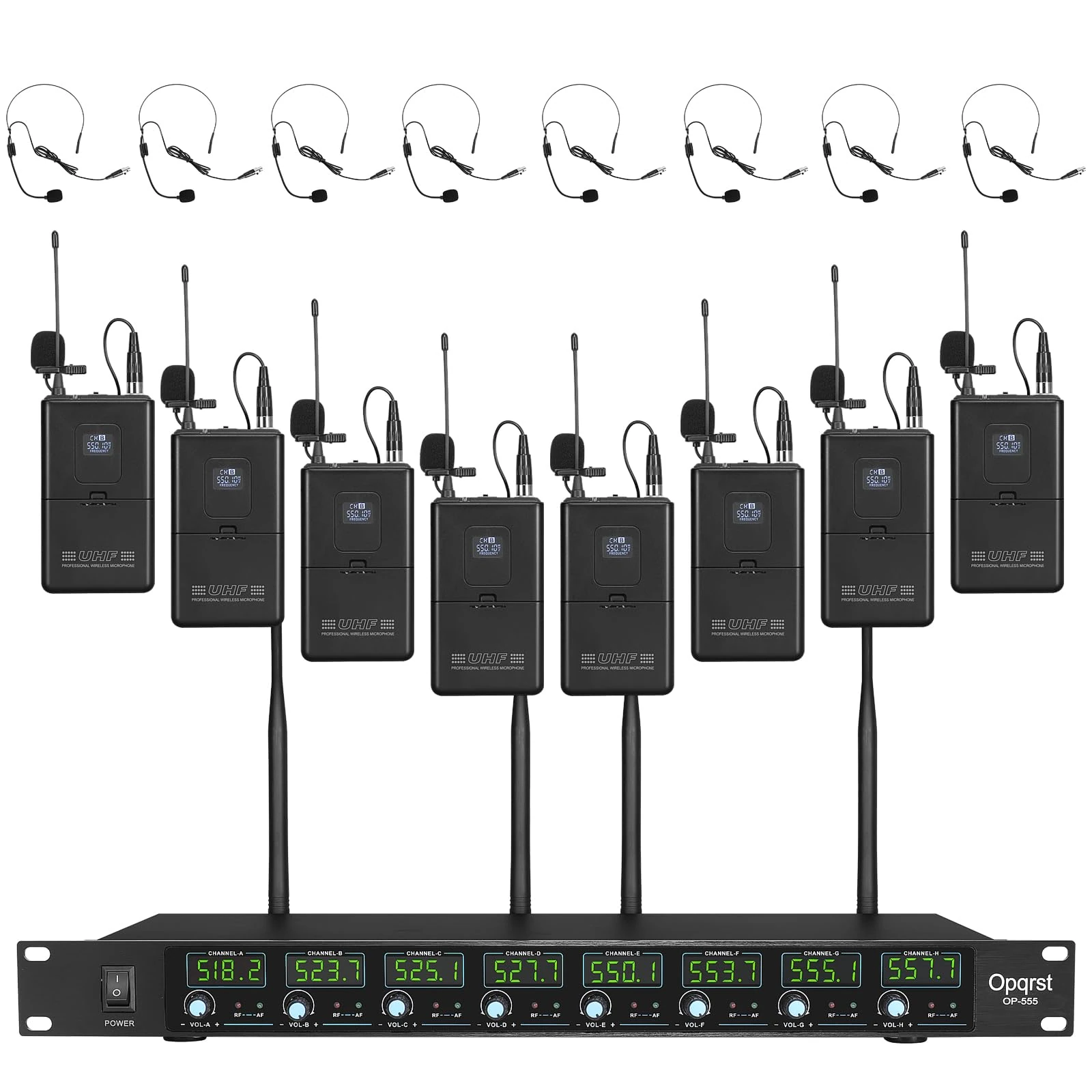 Wireless Microphone System, 8 Channel 8 Bodypack Lapel Mics, UHF 300ft Range, Fixed Frequency, Dynamic Microphones for Singing, Karaoke, Wedding, Party, Meeting, School
