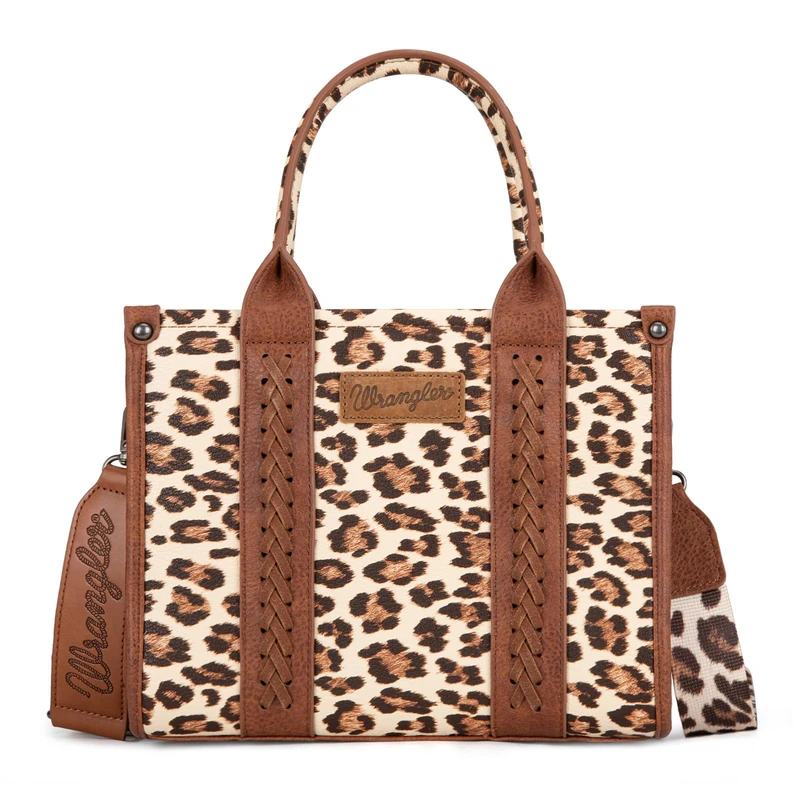 Wrangler Cow Print Tote Bag for Women Western Purse Boho Top Handle Satchel Handbag with Signature Strap, Leopard Print Brown