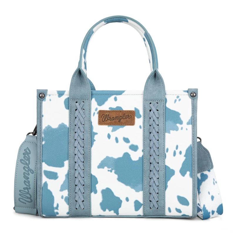 Wrangler Cow Print Tote Bag for Women Western Purse Boho Top Handle Satchel Handbag with Signature Strap, Allover Cow Print Blue
