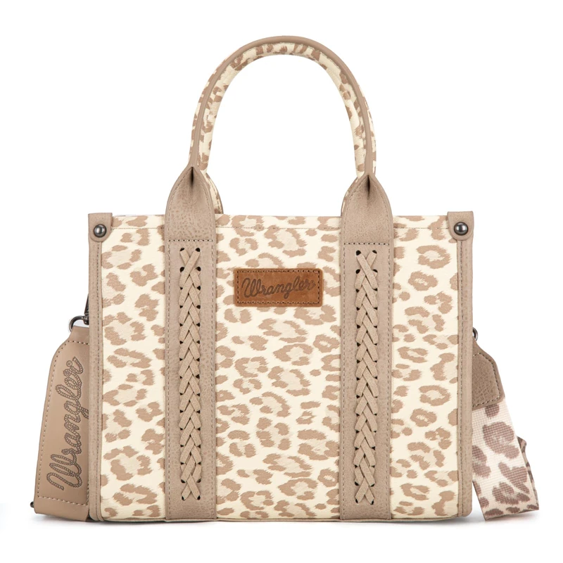 Wrangler Cow Print Tote Bag for Women Western Purse Boho Top Handle Satchel Handbag with Signature Strap, Leopard Print Khaki