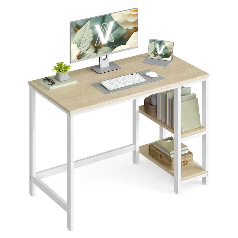 VASAGLE Computer Desk, Office Desk, 100 x 50 x 76 cm, Modern Style, for Study, Bedroom, Living Room, Natural Beige and Pearl White LWD046L01