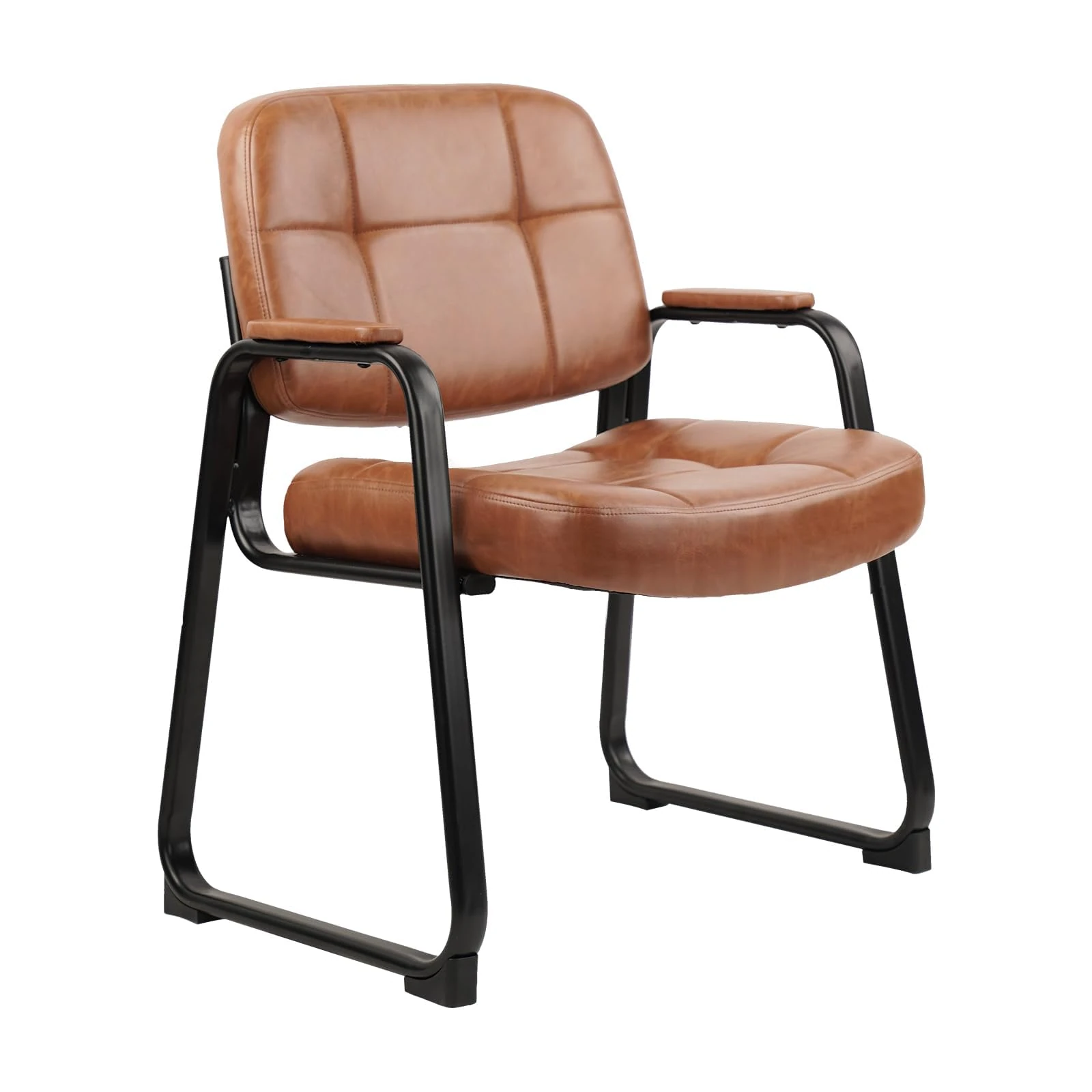 CLATINA Big & Tall 400 LBS Waiting Room Chairs with Padded Armrests, Leather Stationary Sled Base No Wheels Office Guest Chair for Reception Lobby Home Meeting Conference School Break Room, Brown