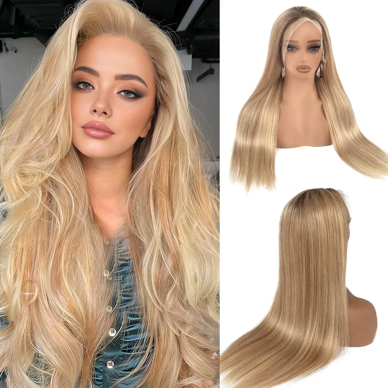 Balayage Wig Human Hair 180% Density 13x6 Full HD Lace Blonde Human Hair Lace Front Wig for Women Pre Plucked Strands Brown Wig 26 Inch Medium Brown Ombre Blonde No Glue