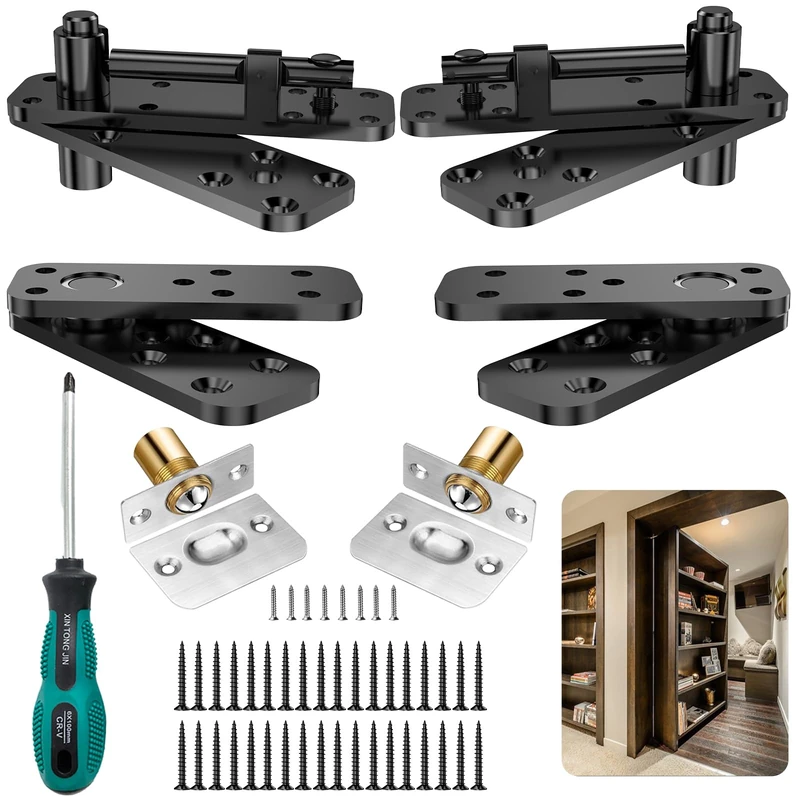 2 Pairs Hidden Door Hinge Pivot Hinge, 570LBS Load-Bearing Heavy Duty Pivot Door Hardware for Hidden Door Bookcase, Murphy Door Hinge Kit 360° Rotation Invisible Door Hinges for Secret Door
