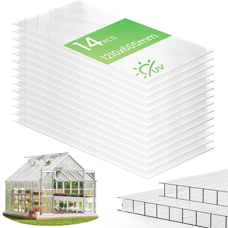 VOUNOT® 14 Pcs Polycarbonate Sheets, Double Wall Roofing Greenhouse Panels 121 x 60.5 x 0.4cm Transparent UV Resistant Garden Shed