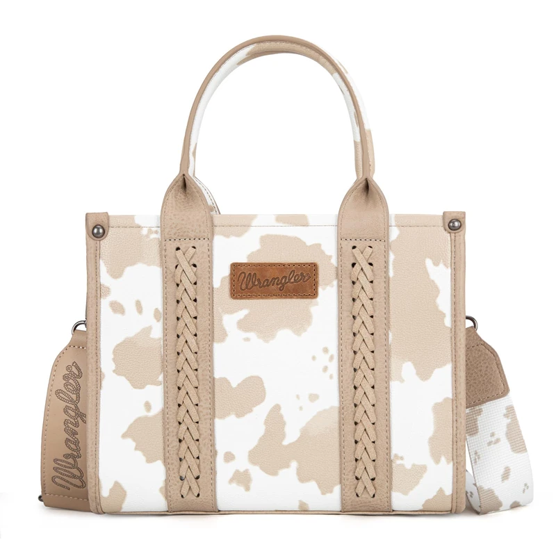 Wrangler Cow Print Tote Bag for Women Western Purse Boho Top Handle Satchel Handbag with Signature Strap, Allover Cow Print Tan