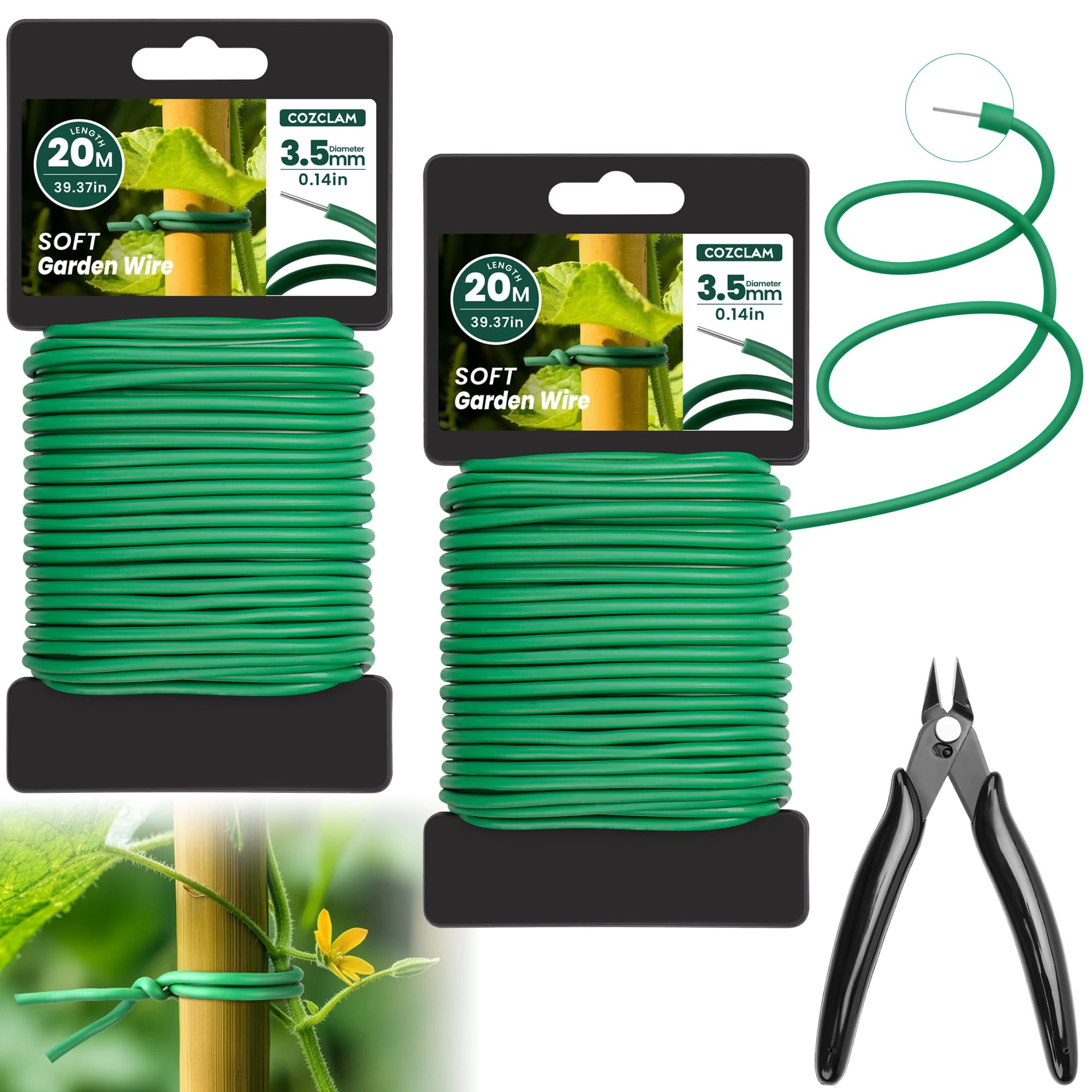 COZCLAM 40m Soft Twist Ties with Cutter, 3.5mm Flexible Plant Twist Ties, Plastic Coated Garden Wire for Gardening, Tomato, Vines, Soft Plant Wire Tie Wire for Organizing Cables, Crafts