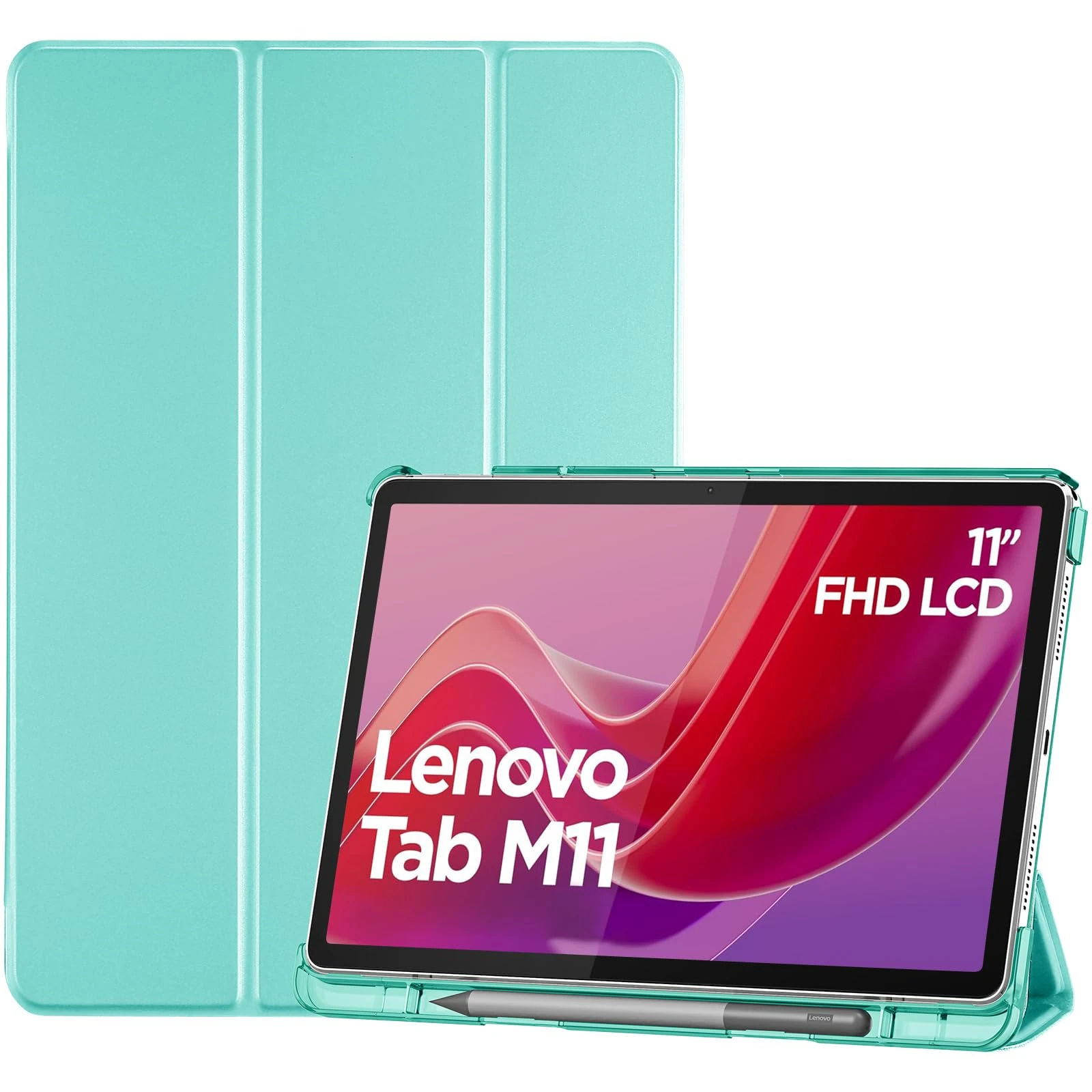 ProCase Smart Case for Lenovo Tab M11/Tab K11 LTE 11" 2024 TB330FU with Pen Holder, Slim Stand Tri-Fold Hard Shell Protective Tablet Cover Translucent Back Case Support Auto Wake/Sleep -Mintgreen