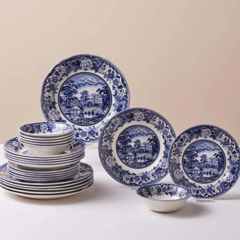 Karaca Forever Bone Old Town Stoneware Dinner Sets for 6 People, Willow Dinner Plates Bowls Set, Dishwasher Safe Dinnerware, Blue, 24-Piece